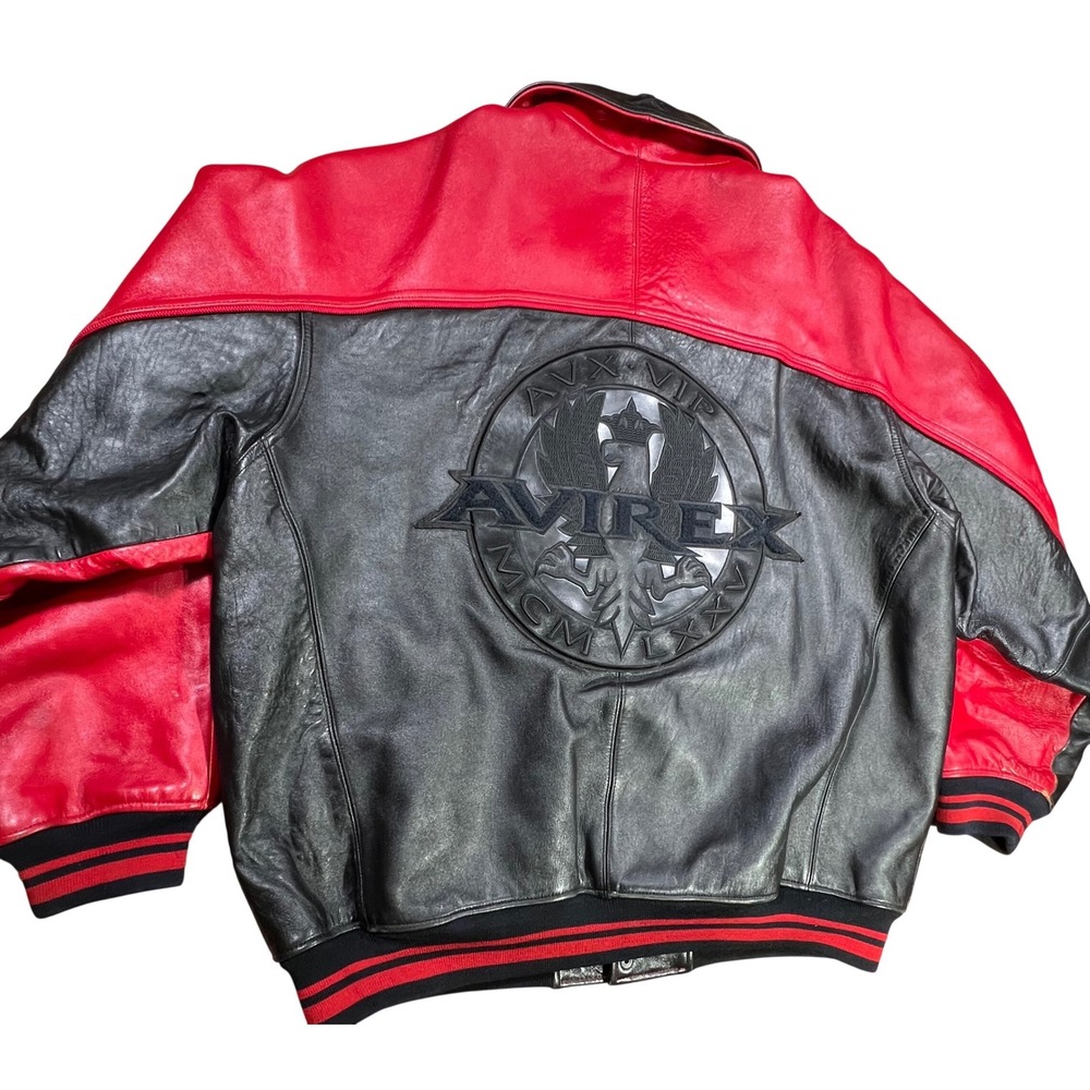 Avirex VIP Leather Bomber Jacket‎ Mens 3XL Black Red Embossed Logo Vintage Style